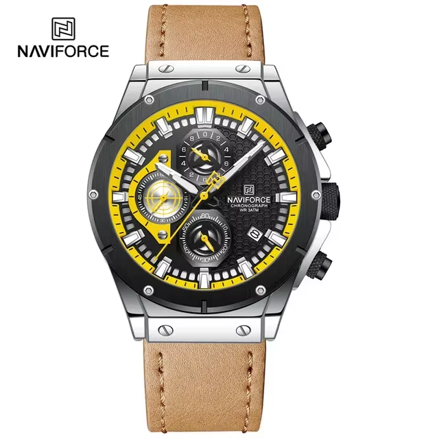 NAVIFORCE 8027 Sport Men's Wristwatch Chronograph Genuine Leather Men Watch Waterproof Quartz