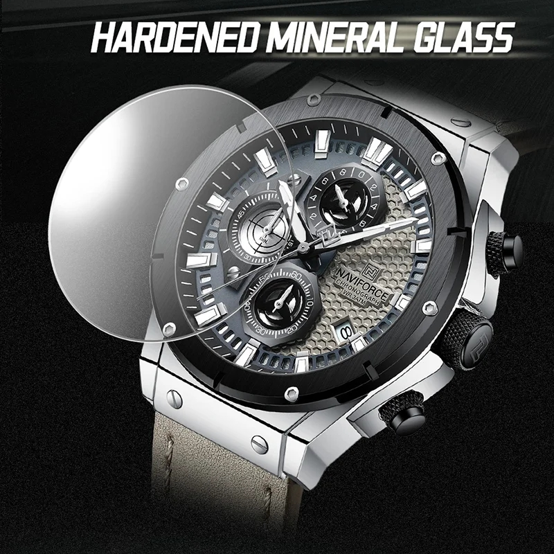 NAVIFORCE 8027 Sport Men's Wristwatch Chronograph Genuine Leather Men Watch Waterproof Quartz