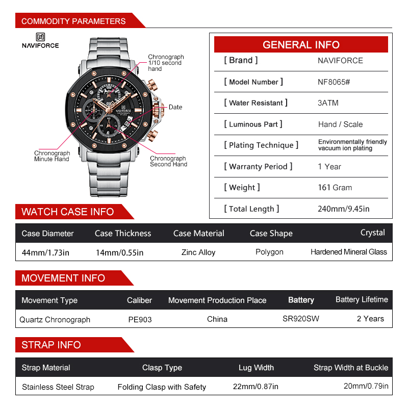 NAVIFORCE 8065 Watch for Men Business Quartz Men's Wristwatches High Quality Stainless Steel Strap Waterproof Man Watches