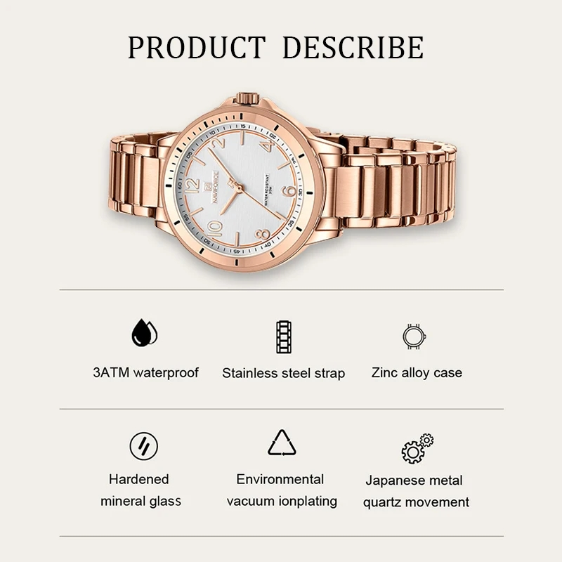 NAVIFORCE 5021 Stainless Steel Lady Quartz Wristwatch Fashion Woman Watch Water Resistant