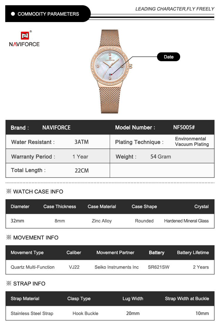 NAVIFORCE 5005 New Women Luxury Brand Watch Diamond Quartz Lady Waterproof Wristwatch Female Fashion Watches Clock Reloj Mujer