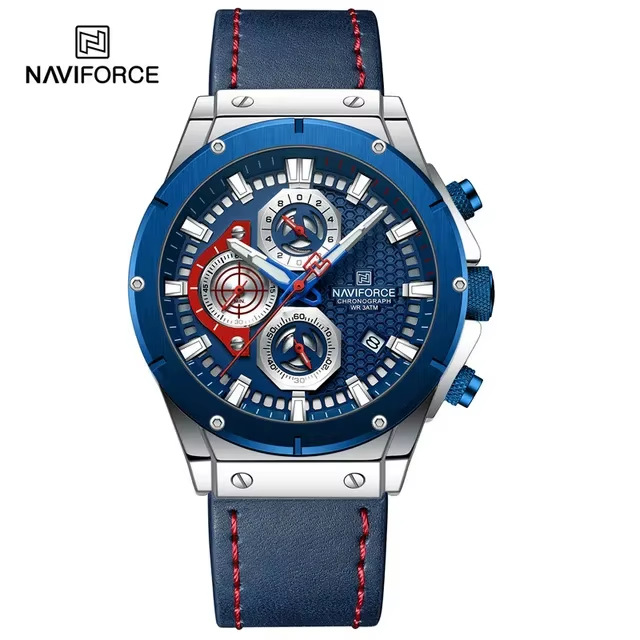 NAVIFORCE 8027 Sport Men's Wristwatch Chronograph Genuine Leather Men Watch Waterproof Quartz