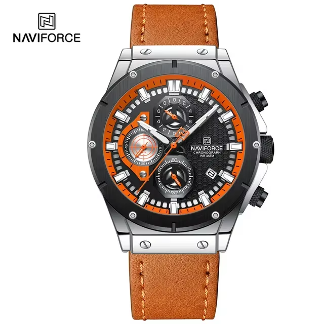 NAVIFORCE 8027 Sport Men's Wristwatch Chronograph Genuine Leather Men Watch Waterproof Quartz