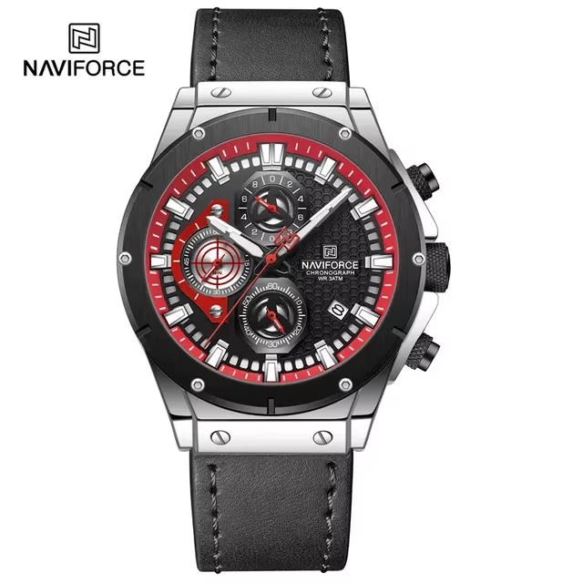 NAVIFORCE 8027 Sport Men's Wristwatch Chronograph Genuine Leather Men Watch Waterproof Quartz