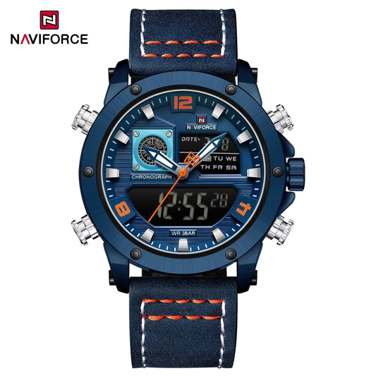 NAVIFORCE 9236 Brand Fashion Men Watch Leather Strap Waterproof Dual Display Multi Functional Quartz Watch for Men